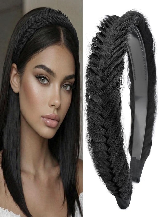 DIGUAN Fishtail Messy Braid Wide Braided Headband with Teeth Synthetic Hair Plaited head bands Chunky Hairpiece for Girls Women (Natural Black, Wide) - Image 1